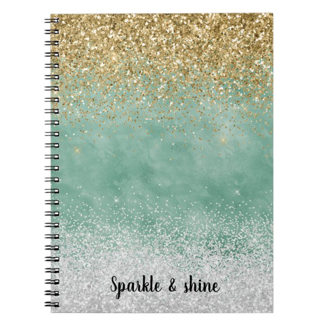Caderno Espiral Brilho Glam Branco Menta Dourado (Frente)