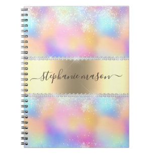 Caderno Espiral Brilho Holográfico Iridescente Diamante Dourado Mo