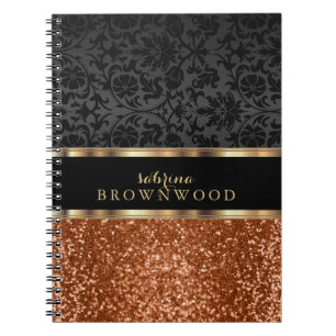 Caderno Espiral Brilho Laranja e Damasco Preto