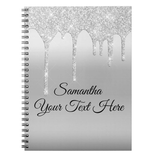 Caderno Espiral Brilho Pingando Prata Personalizado (Frente)