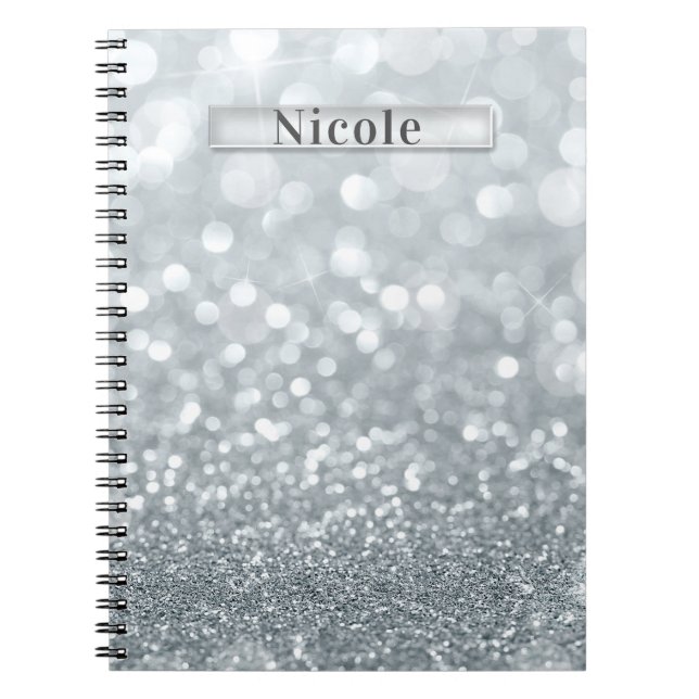 Caderno Espiral Brilho Prata Branco Bokeh Glam Moda (Frente)