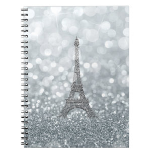 Caderno Espiral Brilho Prateado Brilho Paris Torre Eiffel Glam