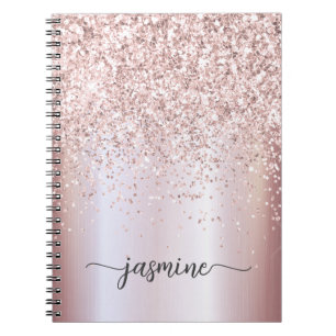 Caderno Espiral Brilho Rosa Dourado Feminino Script Nome Monograma