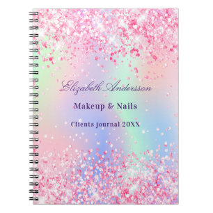 Caderno Espiral Brilho rosa glitter holográfico nome empresarial