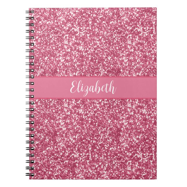 Caderno Espiral Brilho Rosa Monograma Cinza Tendência Glamour Bril (Frente)