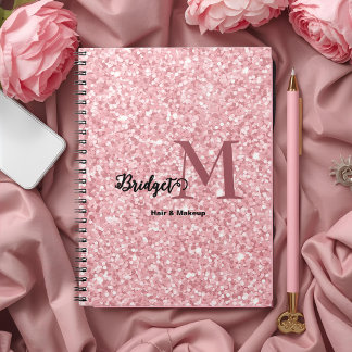 Caderno Espiral Brilho Rosa Monograma de cabelo e maquiagem