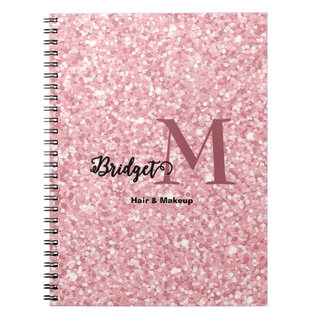 Caderno Espiral Brilho rosa Monograma de cabelo e maquiagem (Frente)