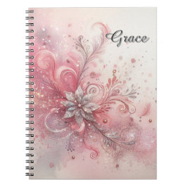 Caderno Espiral Brilho Rosa Prata Flor Personalizada