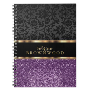 Caderno Espiral Brilho Roxo e Damasco Preto