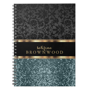 Caderno Espiral Brilho Turquesa e Damasco Preto
