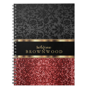 Caderno Espiral Brilho Vermelho e Damasco Preto