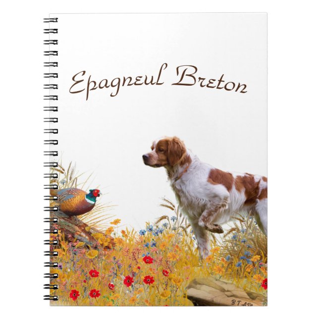 Caderno Espiral Brittany Spaniel, caçando faisão (Frente)
