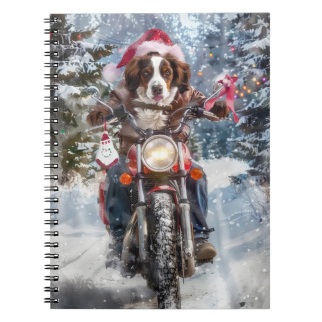 Caderno Espiral Brittany Spaniel Dog Andando na Moto Natal (Frente)