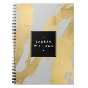 Caderno Espiral Brushstrokes Dourados do falso abstrato em cinzas