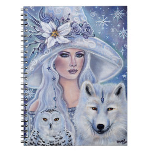 Caderno Espiral bruxa branca com lobo e coruja de Renee Lavoie