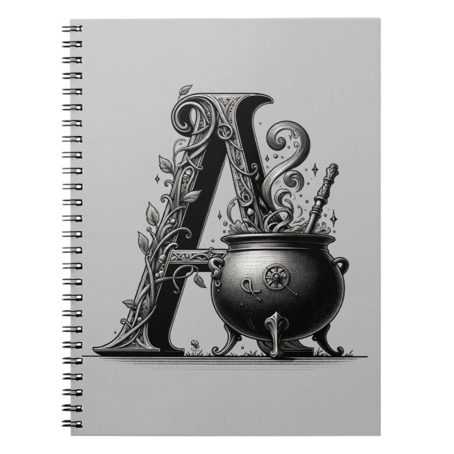Caderno Espiral Bruxa Cauldron Witchy - Letra A Inicial Grimoire (Frente)