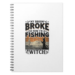 Caderno Espiral Bruxa da Pesca Desenho Vetorial Vintage Halloween_