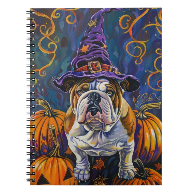 Caderno Espiral Bruxa de Halloween E Abóbora Spooky Bulldog (Frente)