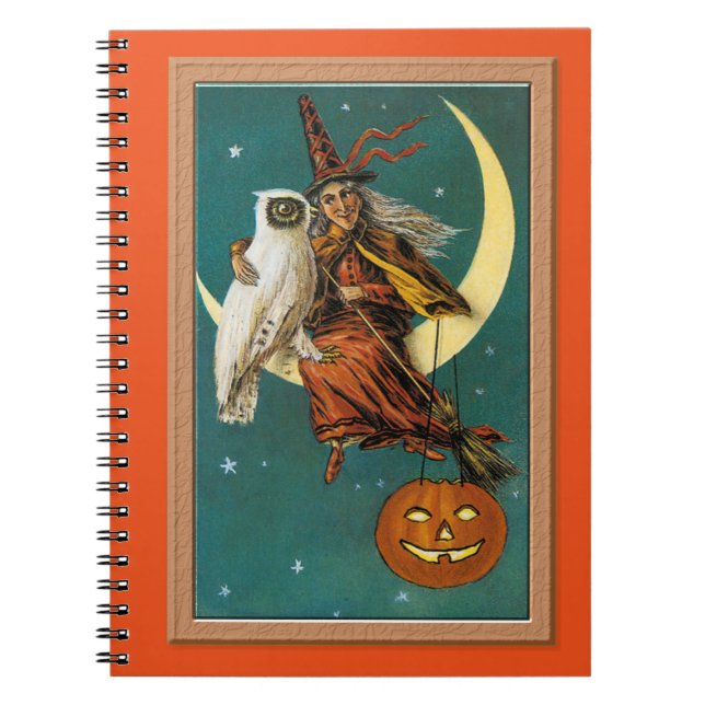 Caderno Espiral Bruxa e Coruja Feliz Halloween Nostálgico (Frente)