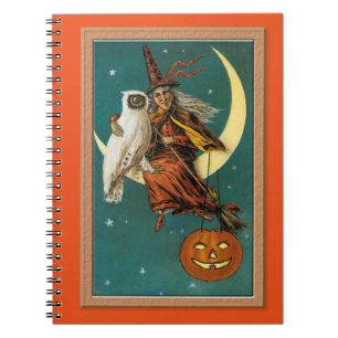 Caderno Espiral Bruxa e Coruja Nostálgica Feliz Dia das Bruxas