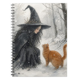 Caderno Espiral Bruxa Fantasia e Gato Laranja na Floresta de Inver