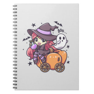 Caderno Espiral Bruxa Infantil Fofa Sentada em um Carro de Abóbora