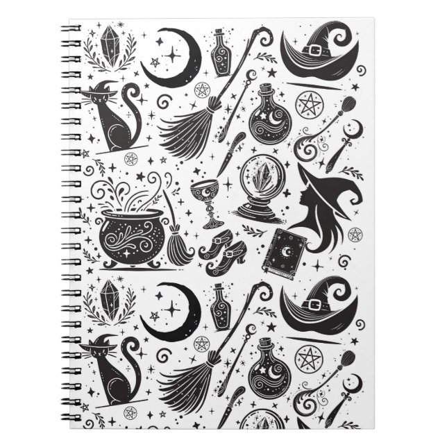 Caderno Espiral Bruxa Mágica Encantada Wicca Pagã Preto e Branco (Frente)