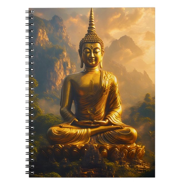 Caderno Espiral Buda Sentado Dourado Sob um Céu de Pôr do Sol (Frente)