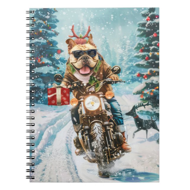 Caderno Espiral Buldogue Andando motocicleta Natal (Frente)