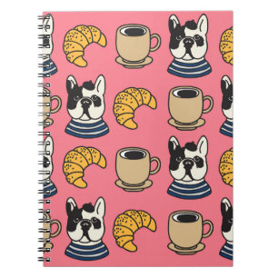 Caderno Espiral Buldogue francês, café, tema croissant.