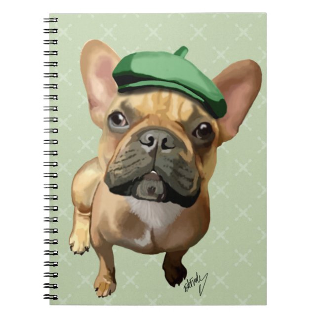 Caderno Espiral Buldogue francês marrom com chapéu verde (Frente)
