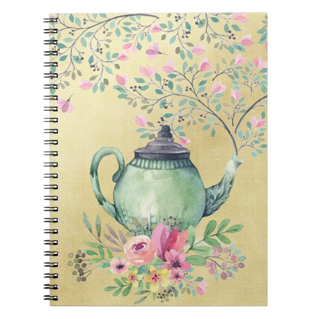 Caderno Espiral Bule elegante e flores da aguarela Dourados (Frente)