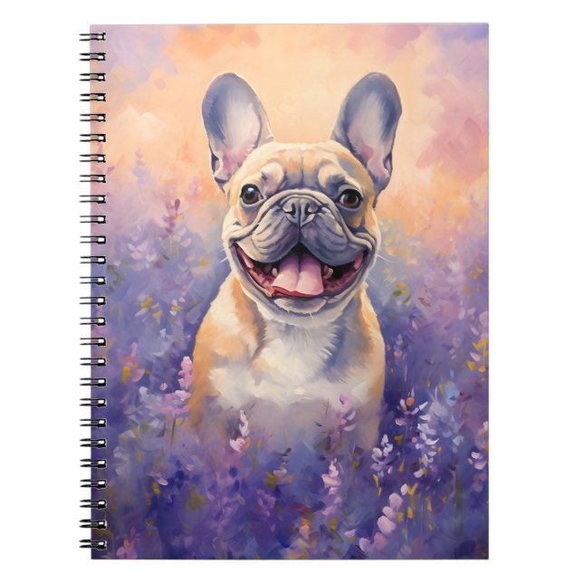 Caderno Espiral Bulldog Francês em campo de Lavanda (Frente)