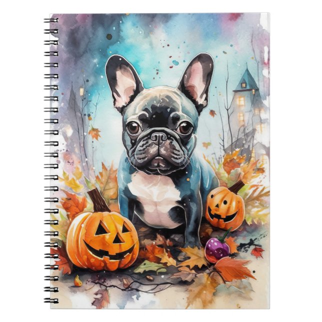 Caderno Espiral Bulldog Francês Halloween Com Pumpkins Assustado (Frente)