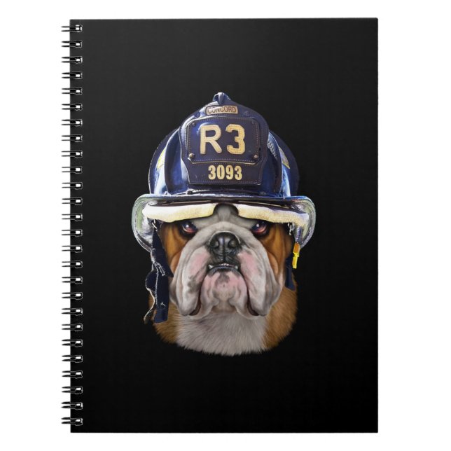 Caderno Espiral Bulldog Inglês Grumpy Vestindo Helmet para Bombeir (Frente)