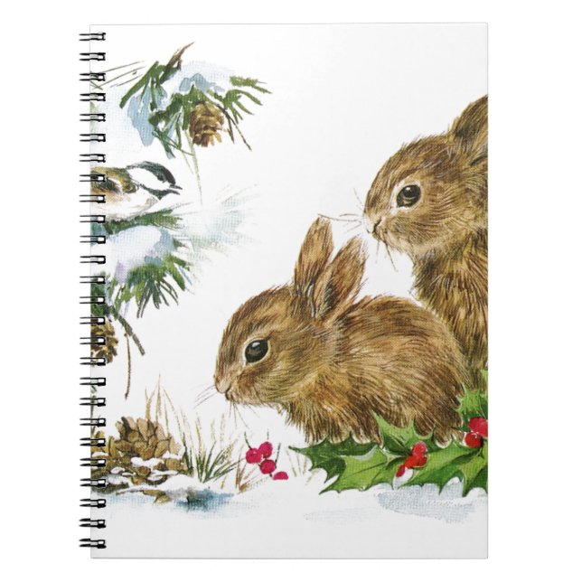 Caderno Espiral Bunnies e Bird Aproveitem a neve (Frente)