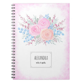 Caderno Espiral Buquê Cor-de-Água Rosa Rosas Azuis Folhas Caindo