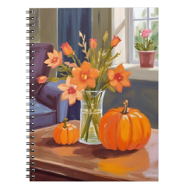 Caderno Espiral Buquê de Abóbora de Outono | Flores Laranjas Outon (Frente)