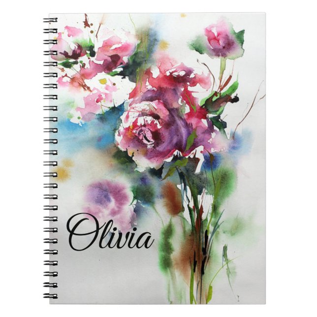 Caderno Espiral Buquê de Aquarela de Flores Rosa (Frente)