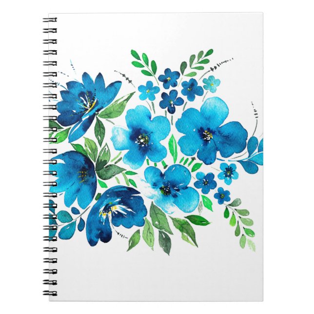 Caderno Espiral Buquê de aquarelas com cores azuis claras, fl maci (Frente)