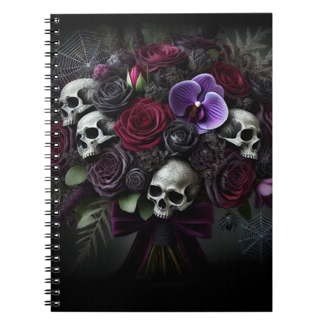 Caderno Espiral Buquê de Caveira Floral Escuro Gótico Halloween (Frente)
