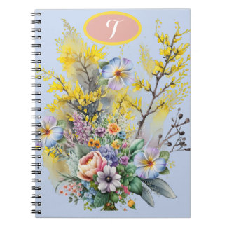 Caderno Espiral Buquê de Flores de Mola de Aquarela de Cottagecore