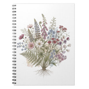 Caderno Espiral Buquê de Flores Silvestres Vintage com Arte de Raí