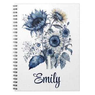Caderno Espiral Buquê de girassóis do estilo Delft azul e branco