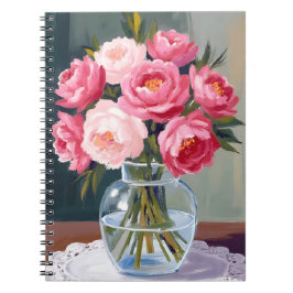 Caderno Espiral Buquê de Peônia | Floral em Vaso Rosa Aquarela Flo