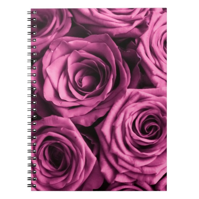Caderno Espiral Buquê de rosas roxos, flores fundo floral (Frente)