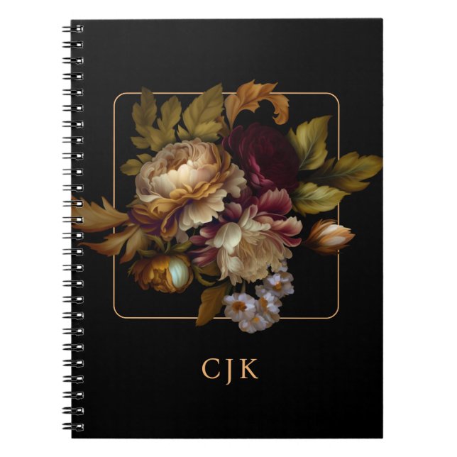 Caderno Espiral Buquê Floral Velho Escuro com Monograma (Frente)