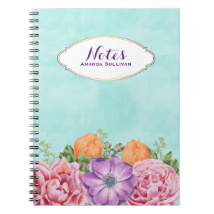 Caderno Espiral Buquê Flores de Aquarela Rosa Púrpura Personaliz