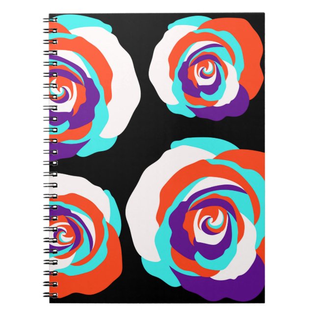 Caderno Espiral Buquês de rosas laranja sobre fundo preto. Se (Frente)