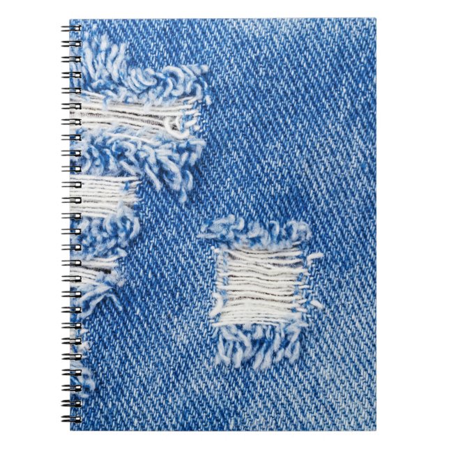 Caderno Espiral Buraco, jeans de denim, textura rasgada (Frente)